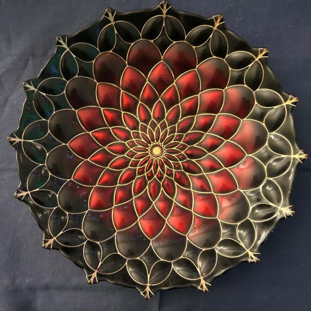 Vintage Mandala Glass Bowl Black Red Gold Glazed Finish 29cm